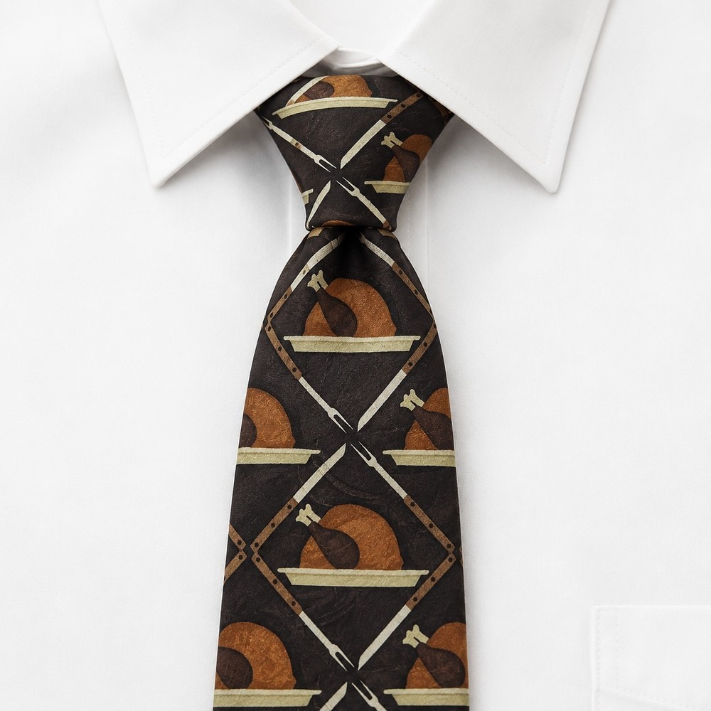 Ralph Marlin Turkey Silk Tie Mens 57" Brown 90s Vintage Thanksgiving Novelty